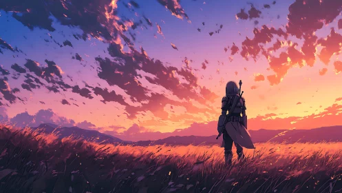 Anime sunset warrior in panoramic grassland environment design.
