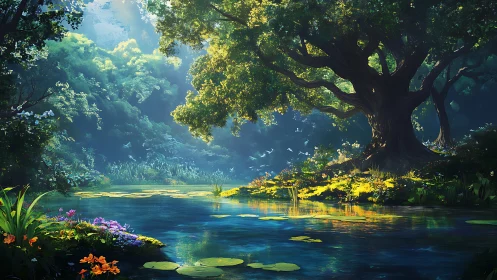 Sunlit forest pond shimmers beneath an ancient tree canopy.