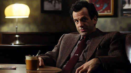 Man in brown suit seated in dimly lit café interior.
