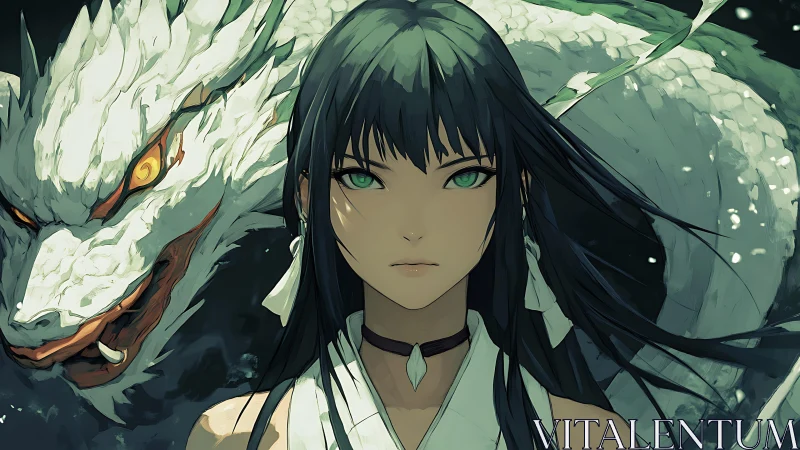 Dark-haired warrior and white dragon in close focus.