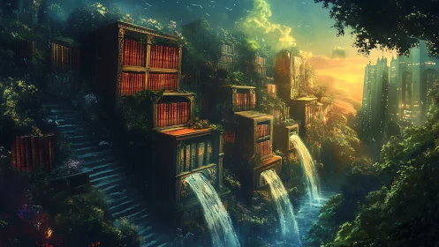 Digital painting of cascading library terraces in sunrise cityscape.