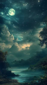 Moonlit river glows beneath star-filled, dreamlike sky.