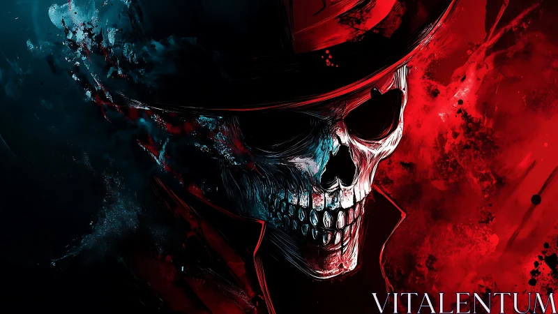 Crimson-splashed skull in a dark hat commands vivid shadows