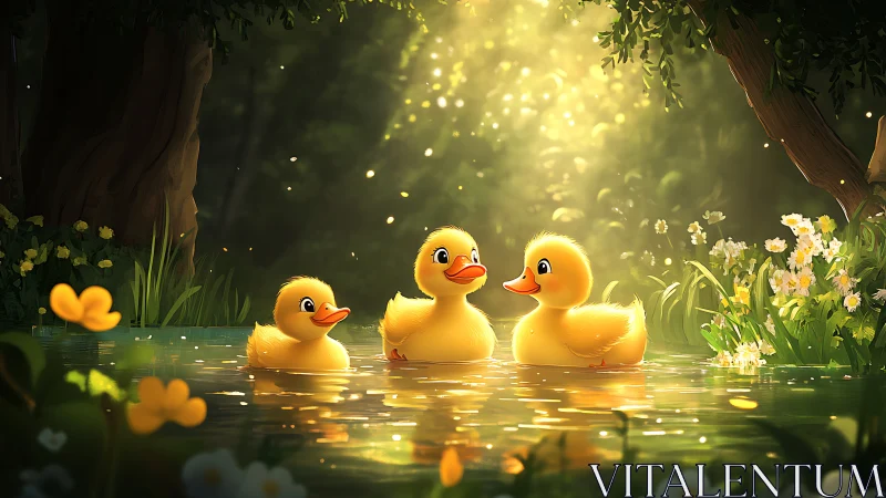Sunlit duckling trio turns a forest pond into golden giggles