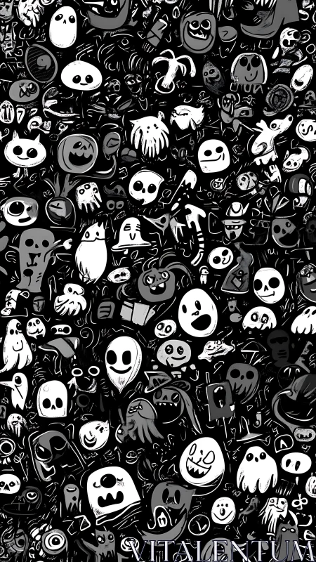 Monochrome pattern of varied cartoon ghostlike characters.