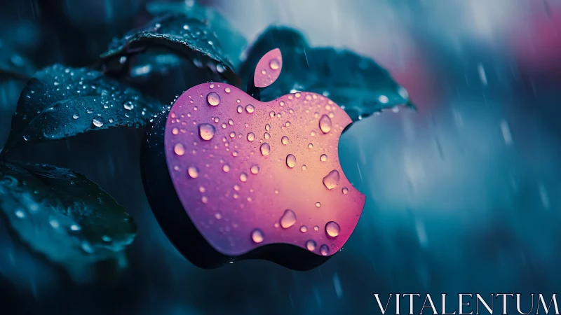 Neon apple logo glows under rain on deep teal leaves.