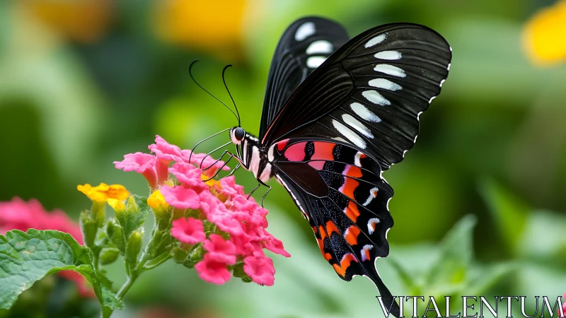 Velvet-winged butterfly sipping color from garden blooms.