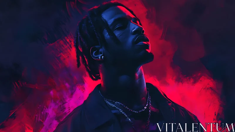 Neon-lit male portrait in moody digital painting chiaroscuro.