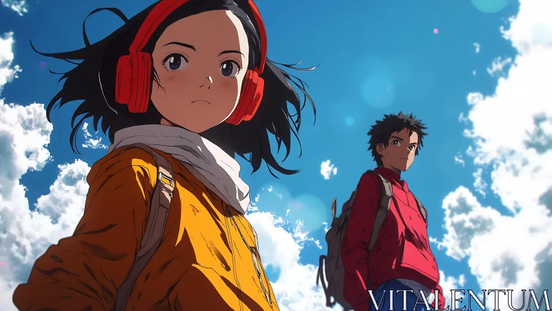 Two anime teens stand under expansive sky in low-angle view