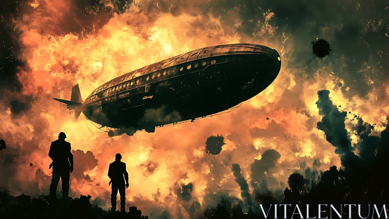 Dirigible airship crossing apocalyptic firestorm sky at dusk