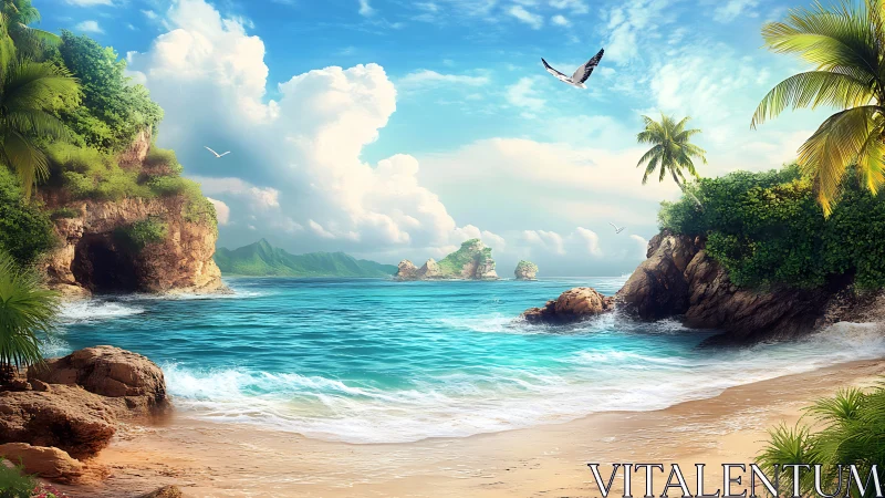 Tropical Coastal Landscape with Geological Formations and Atmospheric Rendering