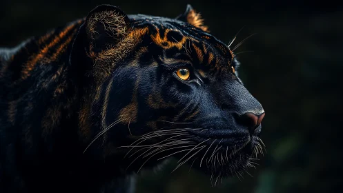 Golden-eyed tiger gazes ahead with calm night focus