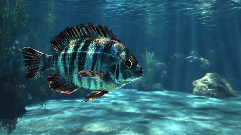 Striped tropical fish swimming in clear underwater scene.