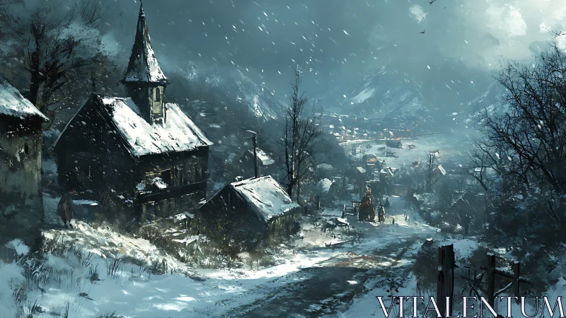 Snowbound village road hums under storm-heavy winter sky.