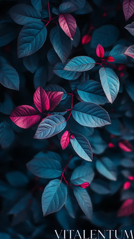 Neon teal and magenta leaves glow in moody forest dusk.