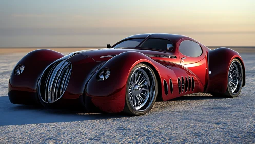 Streamlined crimson concept coupe with retro-futurist curves.