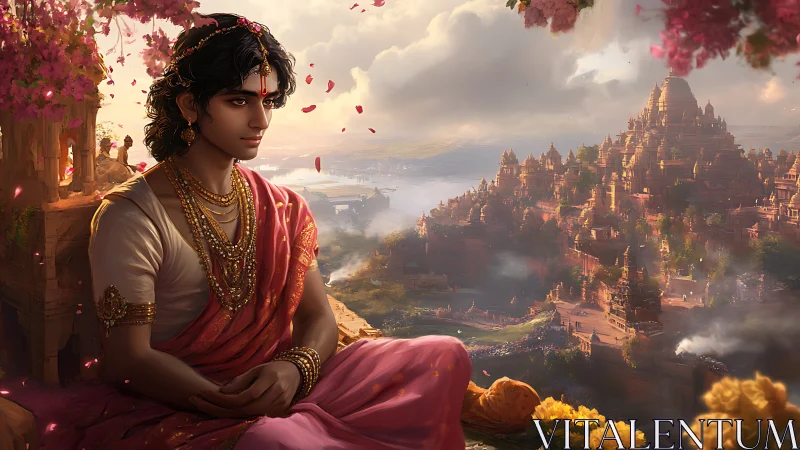Rose-gold prince in quiet reverie above a sunlit temple city.