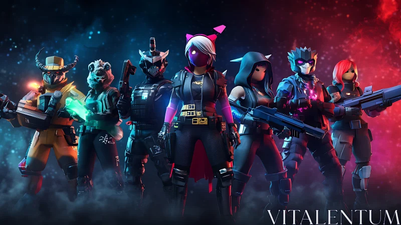 Stylized cyber squad of armored avatars stands in neon haze