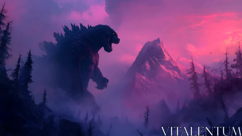 Colossal reptilian figure stands in misty conifer valley