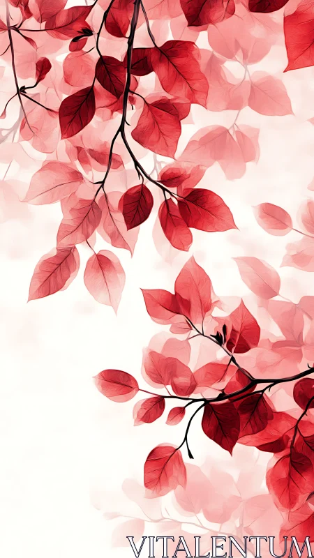 Scarlet leaves drift softly against a pale autumn glow