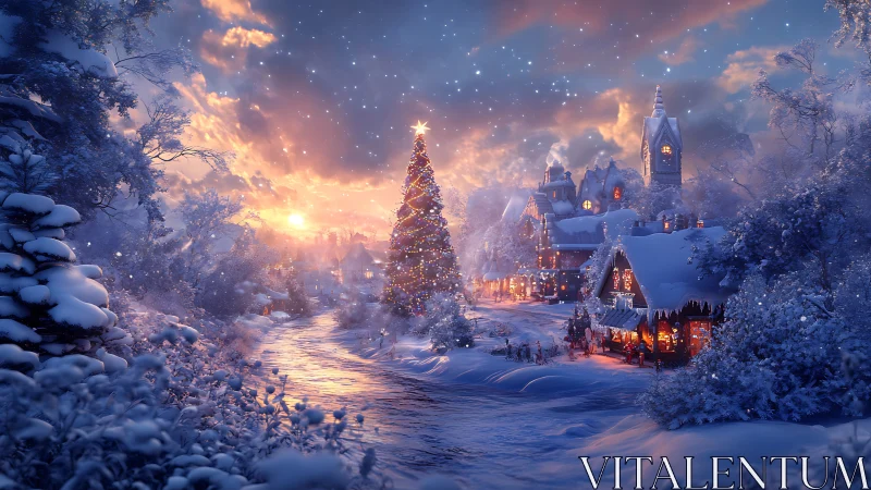 Snowy village glows at sunset around a grand Christmas tree