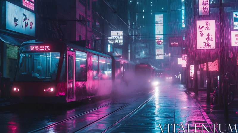 Neon street trams glide through rain in cyberpunk nightscape.