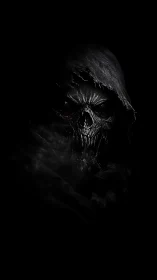 Sinister hooded skull emerges quietly from the deep shadows