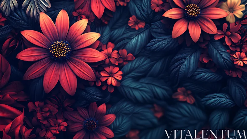 Digital rendering of layered daisy-form flowers with radial petals against atmospheric foliage