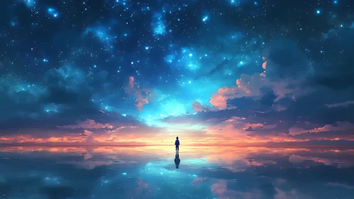 Solitary human figure stands on reflective water under stars