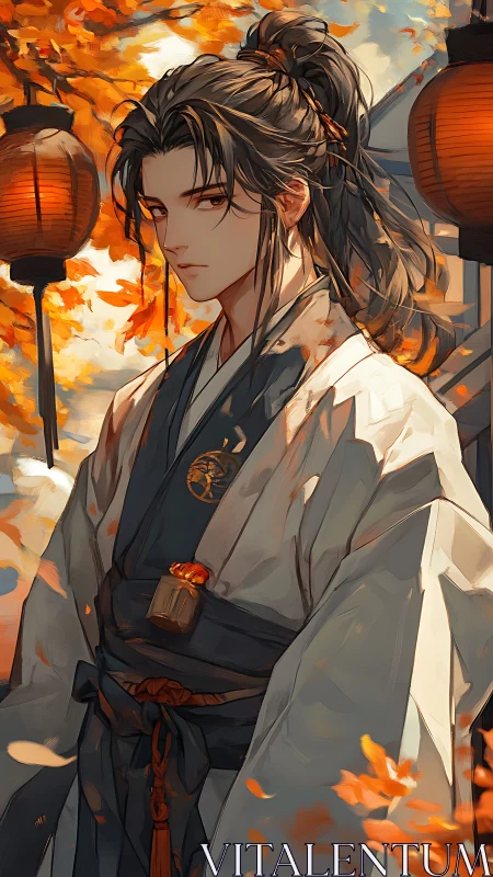 Autumn lantern glow around stoic warrior in flowing robes.