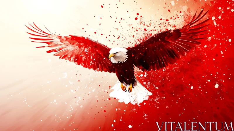 Crimson splatter eagle soaring across radiant white sky.