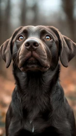 Brown Labrador dog portrait in shallow depth of field forest.
