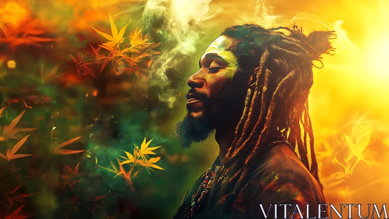 Sunlit meditation surrounds a peaceful man in glowing color