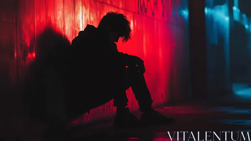 Silhouetted teen sits in neon alley, wrapped in moody solitude