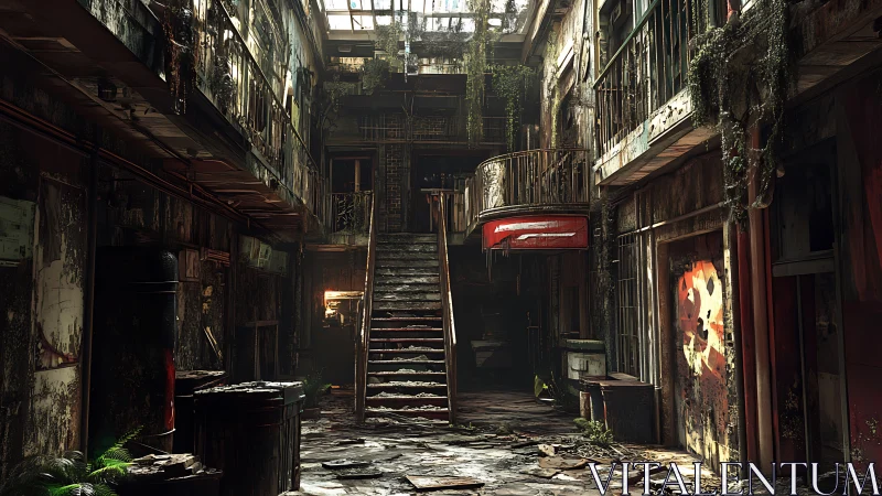 Derelict mall atrium with decayed stairwell and ivy overgrowth.