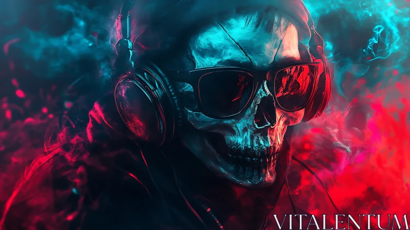 Skull in headphones soaked in neon red and blue vapor glow.