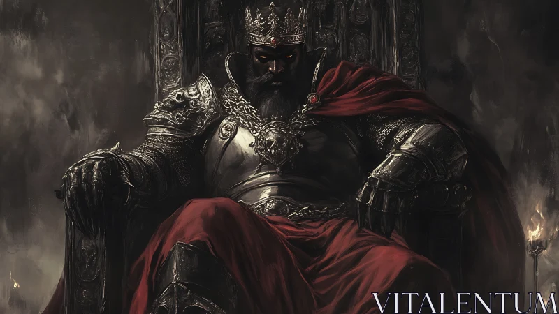 Brooding dark king resting in armor and crimson cloak.