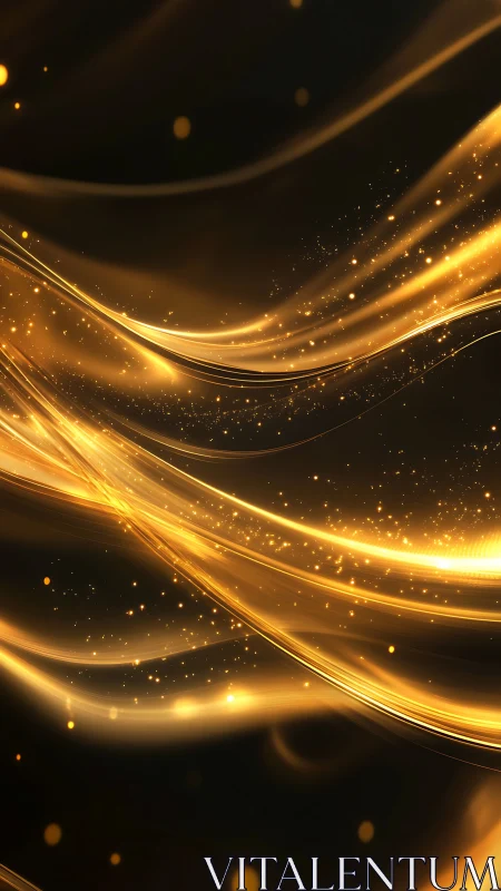 Golden light streaks curve across dark field with bokeh particles
