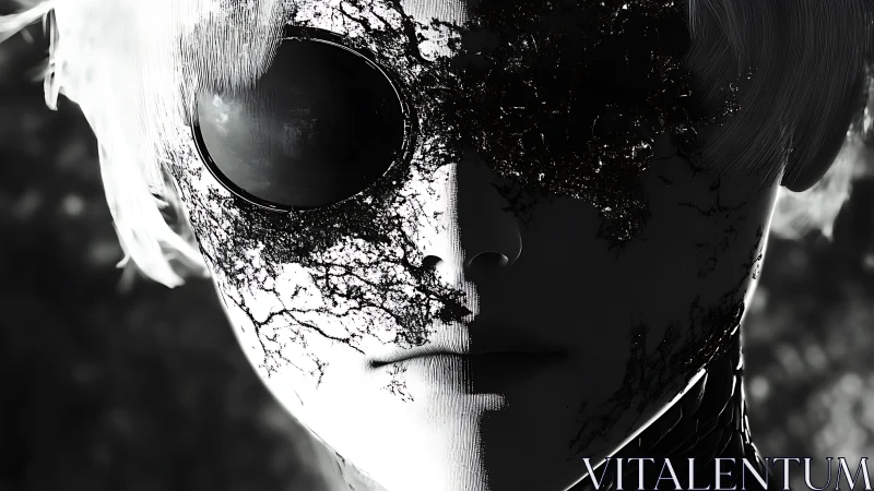 Monochrome android portrait merges organic fracture and void