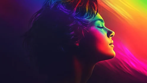Peaceful side profile drifting in a dreamy neon rainbow glow.