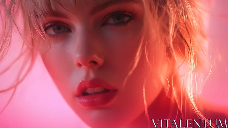Neon-lit close-up portrait with soft cinematic pink bokeh.