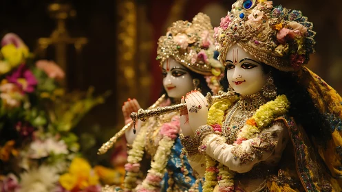 Photographic study of ornate devotional statues in floral garlands.