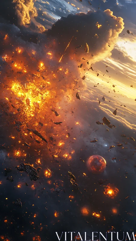 Planetary collision hurls molten debris through void.