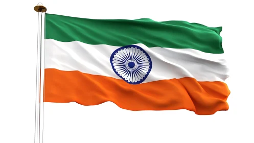 Indian national flag on pole with detailed Ashoka Chakra.