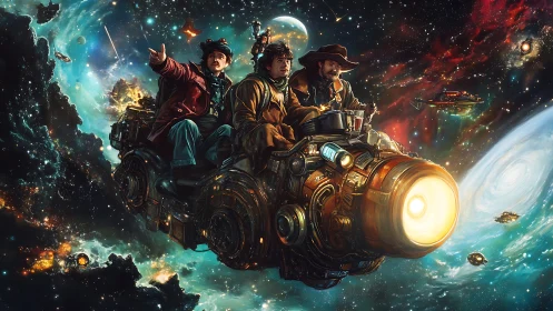 Trio on retrofuturist ion skiff navigating nebular starfield.