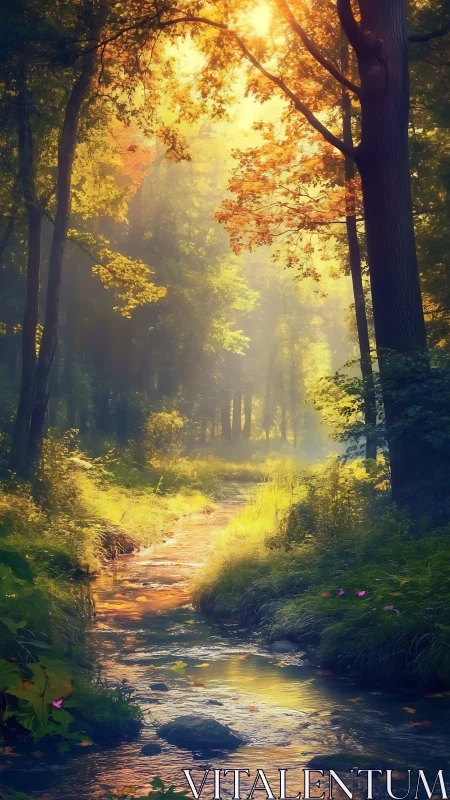 Sunlit Forest Stream Path Through Golden Canopy.