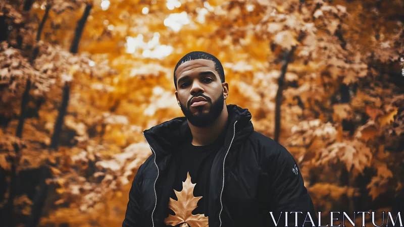Portrait of man in black jacket against blurred autumn foliage