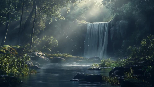 Cascading waterfall in old-growth forest with volumetric light diffusion through canopy