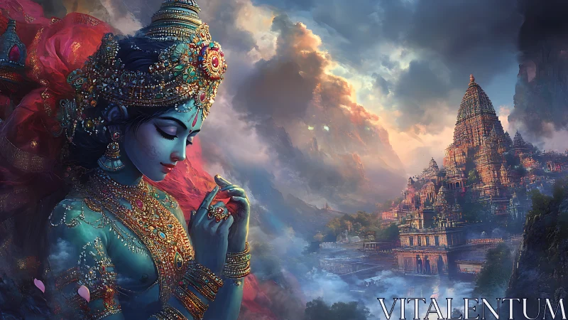 Sacred blue goddess gazes over a glowing mountain temple