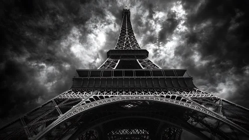 Storm-lit Eiffel giant rising into a brooding Parisian sky.